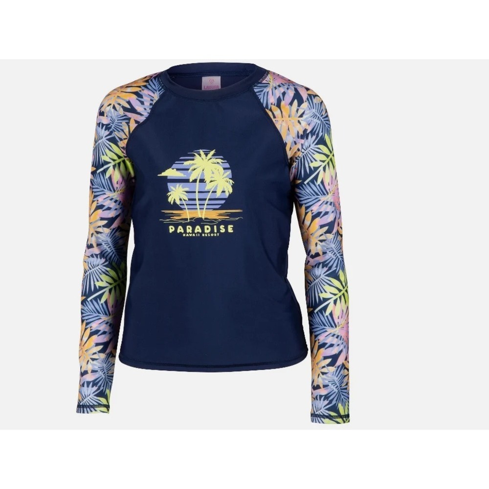 Laguna Girls' Palm Leaves Long-Sleeve Swim Tee - Navy Combo, S (7/8)